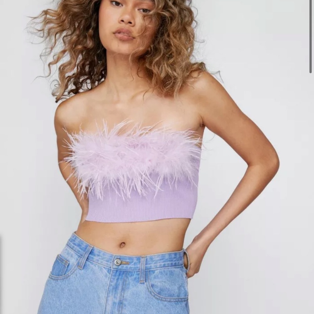 Faux feather trim ribbed bandeau top by NastyGal in lilac purple